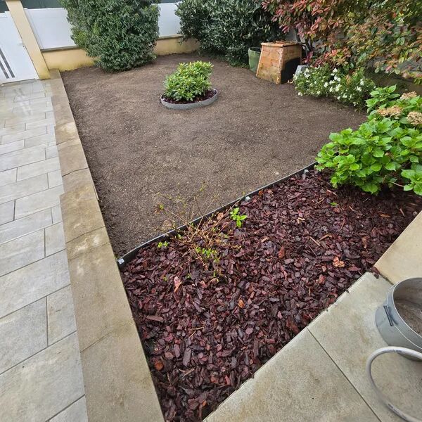 2024 - Sainte Géneviève des bois - Abattage de haie et rognage des souches, plantation de Photinias, création d'une petite terrasse en bois, reprise de l'entrée de la maison (engazonnement, pose de bordure, plantation et paillage) 